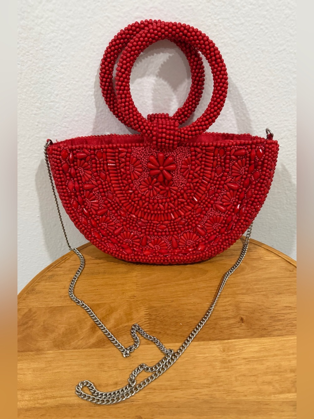 Handcrafted Red Beaded Half-Moon Handbag with Chain Strap